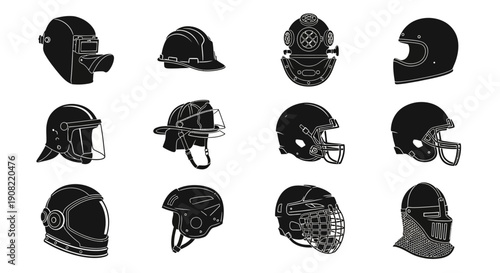 Vector black and white safety helmets set: welding, hard hat, diving, motorcycle, firefighter, football, hockey, medieval, isolated on white
