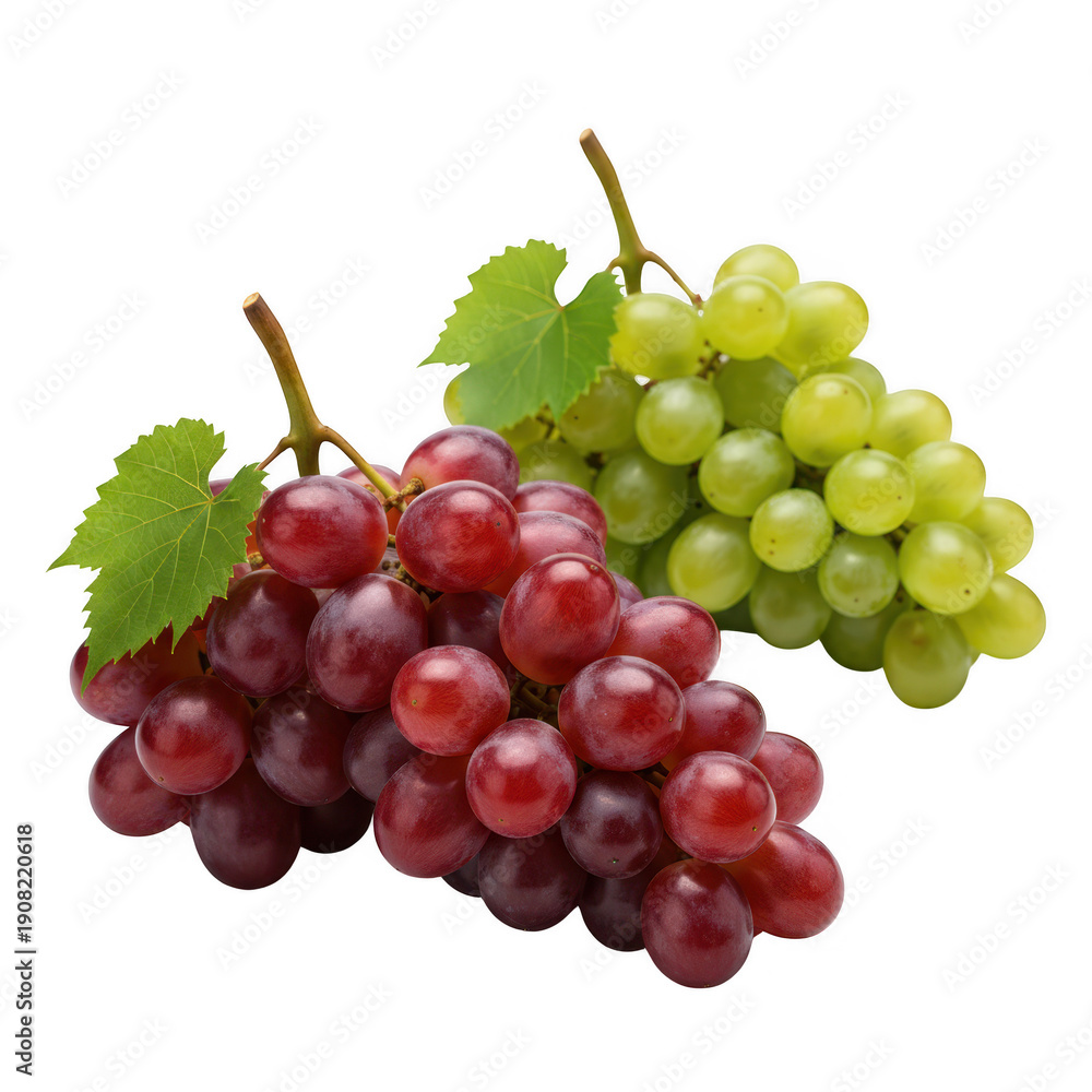 Fototapeta premium 3D rendered cluster of ripe red and green grapes with leaves isolated on transparent background