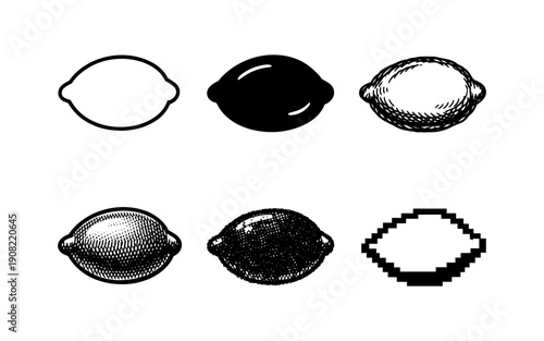 Collection of six different lemon illustrations in various artistic styles and textures
