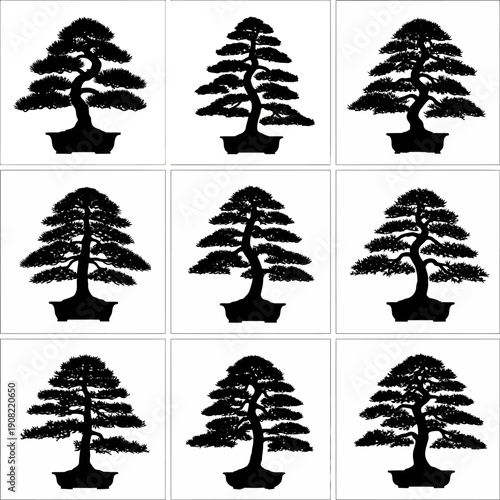 Set of 9 black vector bonsai tree silhouettes in pots, traditional Japanese art, isolated on white