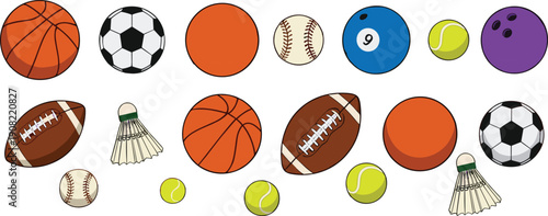 Sports equipment collection, basketball, soccer, tennis, football, baseball, badminton, billiards, bowling, athletic gear, recreation, fitness, competition, icons