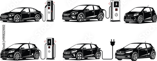 Electric vehicle charging illustration set, EV cars connected to charging stations, clean energy transport concept, sustainable mobility, modern electric car infrastructure, black and white vector 