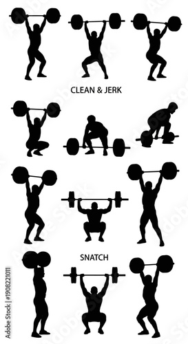 Weightlifting Clean & Jerk, Snatch exercise silhouettes, black vector illustration set isolated on white