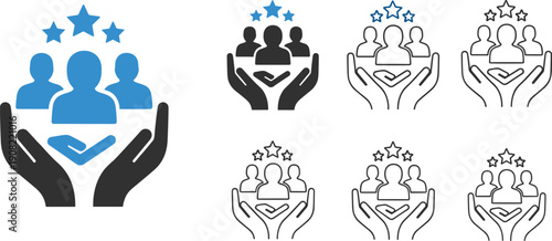 Community support illustration set, six icons with people hands stars teamwork collaboration care recognition protective gesture, vector artwork, social and organizational theme, isolated background