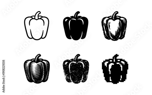 Collection of six different bell pepper icons in various artistic styles