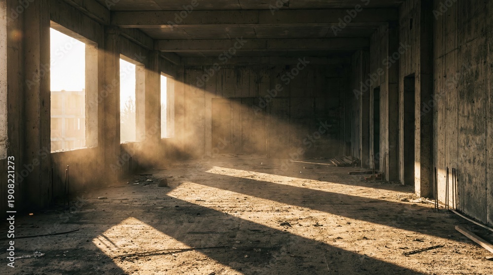 Obraz premium Sunlit abandoned building interior captured in warm glow