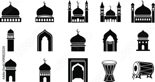 Islamic architecture silhouette illustration set, sixteen black icons mosques domes minarets arches towers drums cultural symbols, vector artwork, religion and heritage theme, isolated background