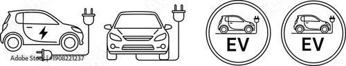 Electric vehicle charging line icon set, EV cars with plugs and symbols, clean energy transport concept, sustainable electric mobility, modern outline vector illustration, black and white design