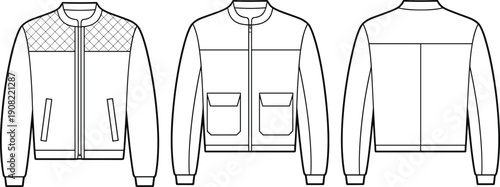 bomber jacket technical flat sketch, men outerwear CAD drawing, fashion design template, front and back view vector illustration