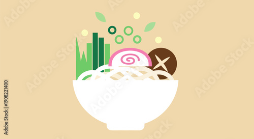 Noodle soup illustration with various ingredients