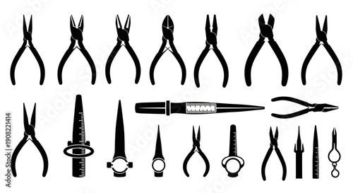 Jewelry making tools vector icons set. Pliers, cutters, ring sizer, tweezers, and mandrels for crafting, isolated on white