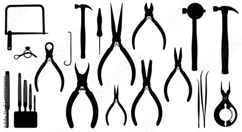 Jewelry making tools vector silhouette set: pliers, hammers, files, saw, tweezers, isolated on white