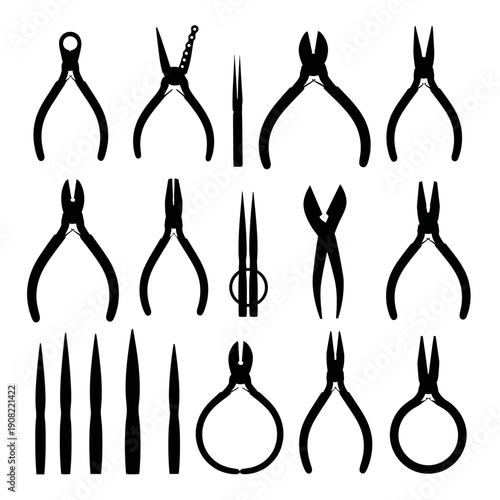 Vector silhouette set of various pliers, cutters, and tweezers for jewelry making or electronics repair, isolated on white