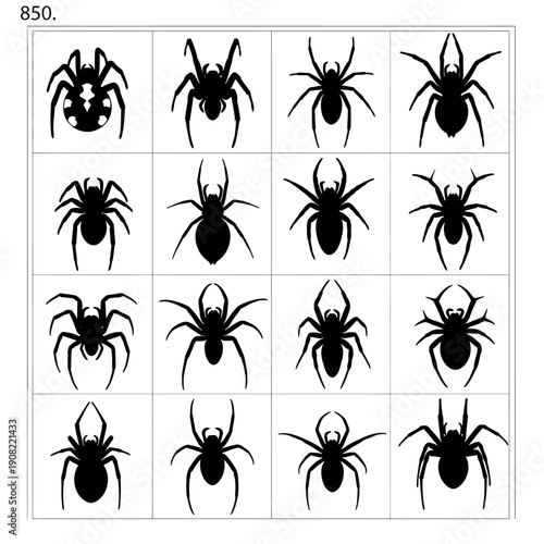 Black spider vector icon set, various arachnid silhouettes for Halloween, insect phobia, or web design, isolated on white