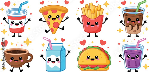 Kawaii Fast Food Outline Icon Set  Pizza, Burger, and Fries