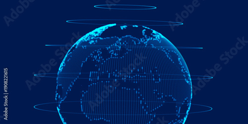 A digital model of the Earth created from glowing dots and lines. Energy orbits revolve around the planet, emphasizing global connections and the continuous exchange of information.