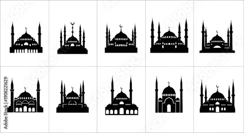 Vector black mosque silhouettes set with domes and minarets, Islamic architecture icons, isolated on white