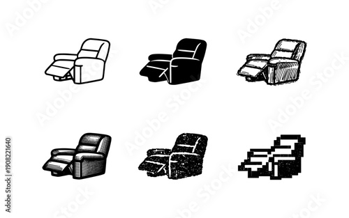 Collection of recliner chair icons in various artistic styles and resolutions