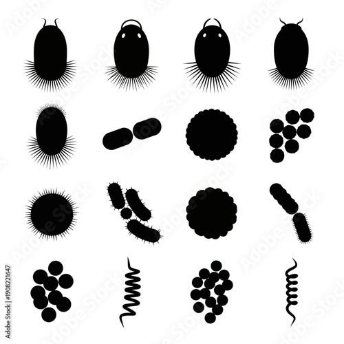 Black vector bacteria, virus, and microorganism silhouettes set, microscopic germ shapes, isolated on white