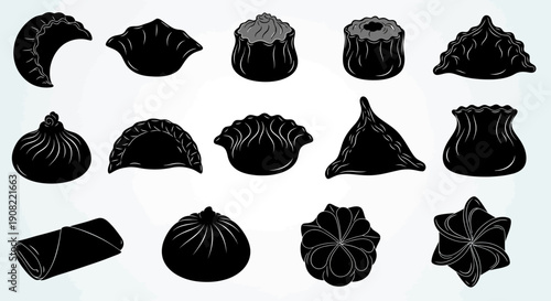 Black silhouette vector set of Asian dumplings, dim sum, bao, gyoza, samosa, spring roll, isolated on white