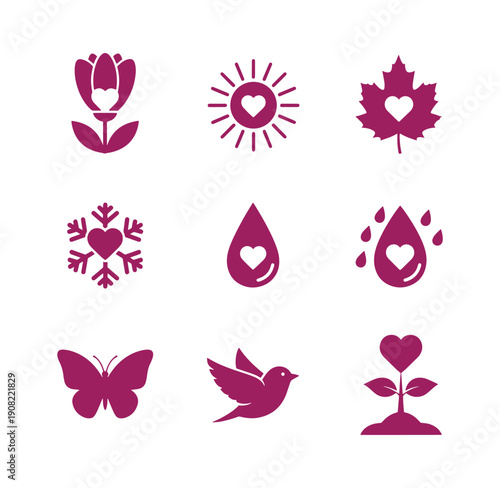 Set of purple icons with hearts and nature symbols on white background