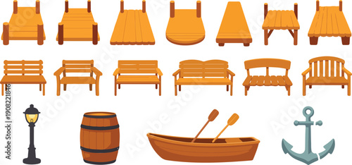 Wooden Pier & Dock Outline Icon Set  Bridges, Platforms, and Boats