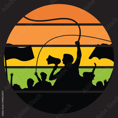Silhouette of People Protesting with Megaphone against a Retro Sunset desing.