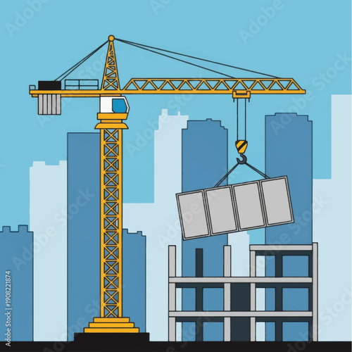 Construction crane building modern cityscape with skyscrapers