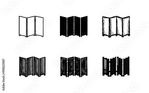 Collection of six different folding screen icons in various styles and textures