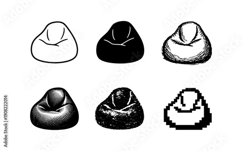 Collection of six different bean bag chair illustrations in various artistic styles