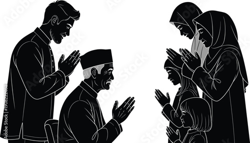Black and white vector illustration of a Muslim family performing traditional Eid al-Fitr greeting and forgiveness gesture.