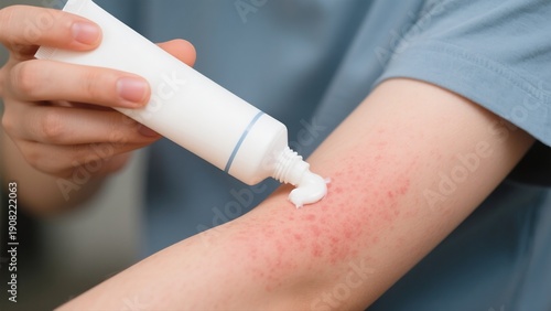 Psoriasis;Person applying cream from a tube to a red rash on their elbow