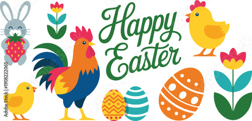 Happy Easter Greeting Illustration  Cute Bunny, Chicks, and Decorated Eggs
