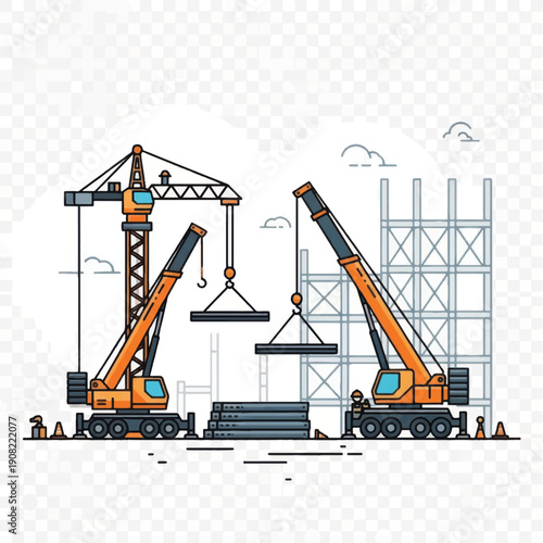 Construction cranes building modern infrastructure with workers