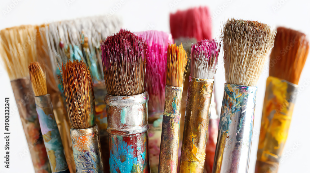 Fototapeta premium A vibrant collection of artist paintbrushes showcasing various colors and textures, perfect for creative inspiration.