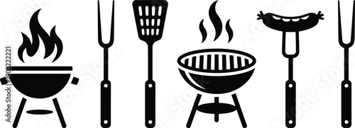 A Set of Six Black and White Minimalist Barbecue Tools and Grills with Fire and a Sausage on a Fork for Outdoor Cooking and Grilling