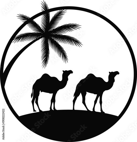 Camel desert silhouette illustration, two camels under palm tree in circle frame vector design isolated on white