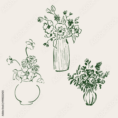 Vector line art bouquets of wildflower and garden flowers in vases. Hand-drawn flowers isolated on white background. Holiday floral Illustration for design, print, fabric, background.