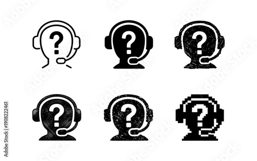 Collection of six different question mark headset icons representing customer support and inquiries