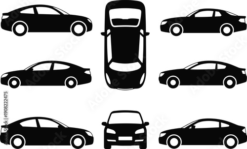 Car silhouette collection set, sedan vehicle icons in side front and top view isolated flat vector illustration