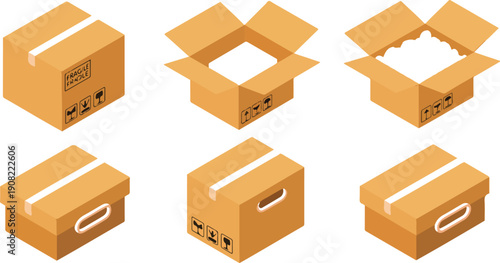 Isometric Cardboard Box Icon Set  Open, Closed, and Shipping Boxes