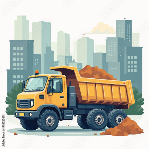 Yellow dump truck hauling dirt in modern cityscape