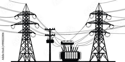 High voltage power transmission and transformer silhouette, electric grid infrastructure with pylons and distribution lines, industrial electricity network, utility energy system, black and