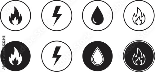 Energy resource icons set with fire electricity water symbols, black and white circular design, fuel power concept, minimal vector illustration, renewable and fossil energy