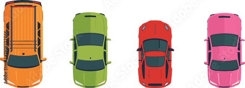 Colorful sports cars top view collection, modern racing vehicle set isolated on white background flat vector illustration