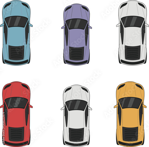 Colorful sports cars top view collection, modern luxury vehicle set isolated on white background flat vector illustration
