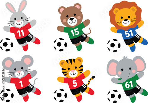 Cute Animal Soccer Player Icon Set  Rabbit, Bear, and Lion