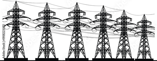 High voltage power transmission towers silhouette, electricity grid infrastructure with overhead lines, industrial energy distribution concept, utility network, black and white vector illustration