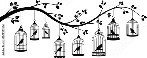 Hanging bird cages on tree branch silhouette, decorative vintage cages with birds vector illustration isolated background