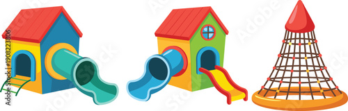 Playground equipment, kids play area, colorful slides, climbing net, outdoor fun, playhouse structures, children activity zone, vibrant design, safe play, recreation